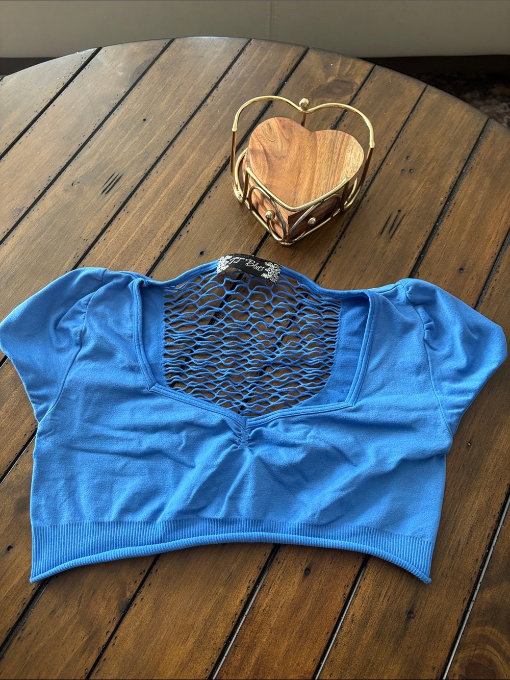 Blue Short-Sleeve Crop Top with Mesh Yoke